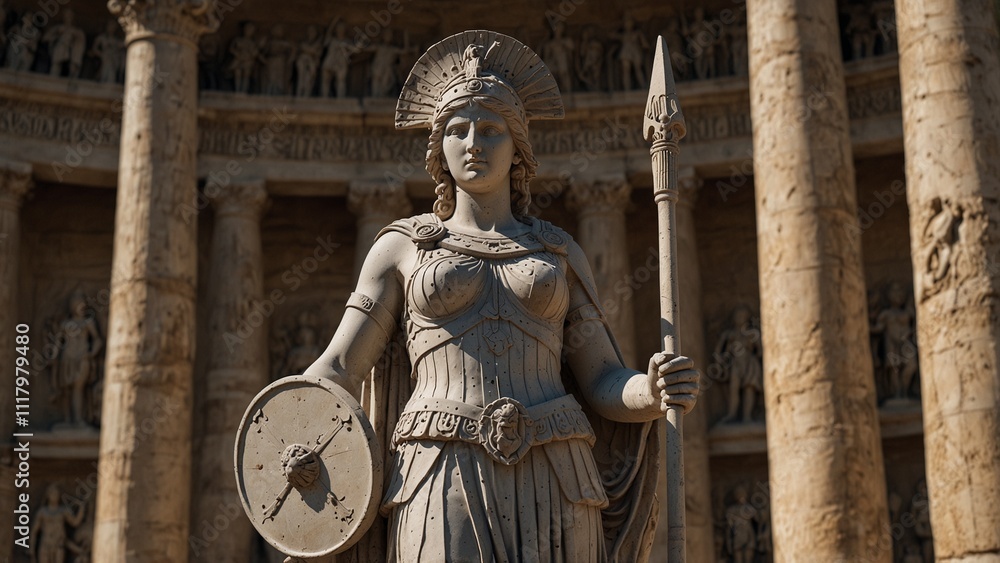 Obraz premium Statue of Athena, the goddess of wisdom, holding a shield and spear in both hands, with a backdrop of ancient academia and battlefields, with carvings depicting her dual role in wisdom and war.
