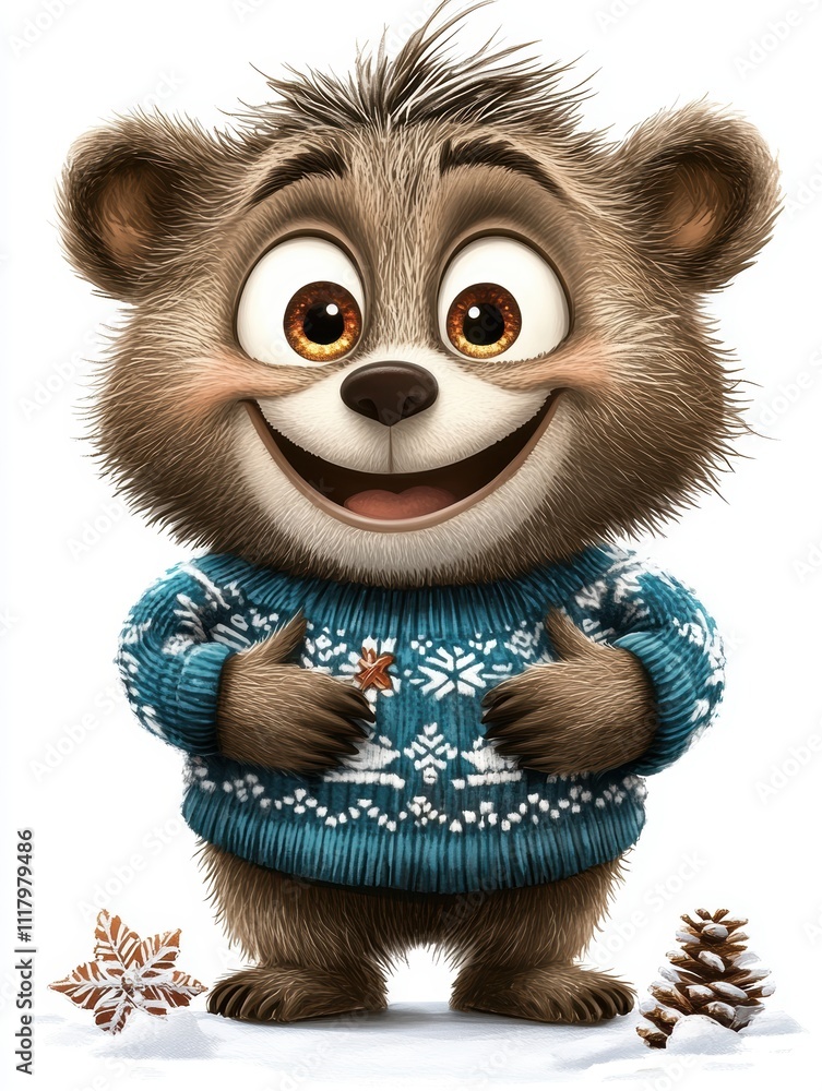 Adorable Cartoon Bear Cub Smiling in Cozy Holiday Sweater Illustration Adorable Cartoon Bear Cub Smiling in Cozy Holiday Sweater Illustration