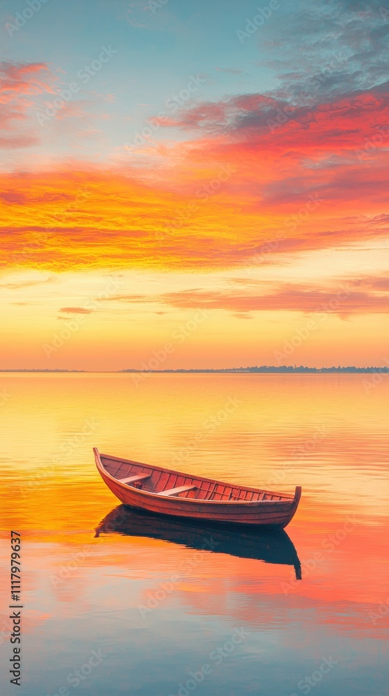 A serene sunset reflects on calm waters, with a lone boat gently floating, creating a tranquil and picturesque scene. A serene sunset reflects on calm waters, with a lone boat gently floating, creating a tranquil and picturesque scene.