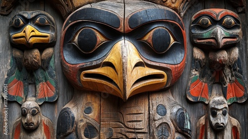 A powerful depiction of a totem pole, featuring symbolic animals and figures from Indigenous cultures of the Pacific Northwest.