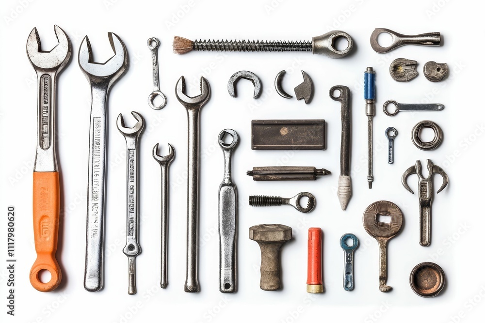 Assorted worn metal tools arranged neatly. Assorted worn metal tools arranged neatly.