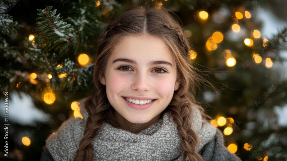 Portrait of a Smiling Girl with Braids Against a Christmas Tree with Lights Portrait of a Smiling Girl with Braids Against a Christmas Tree with Lights