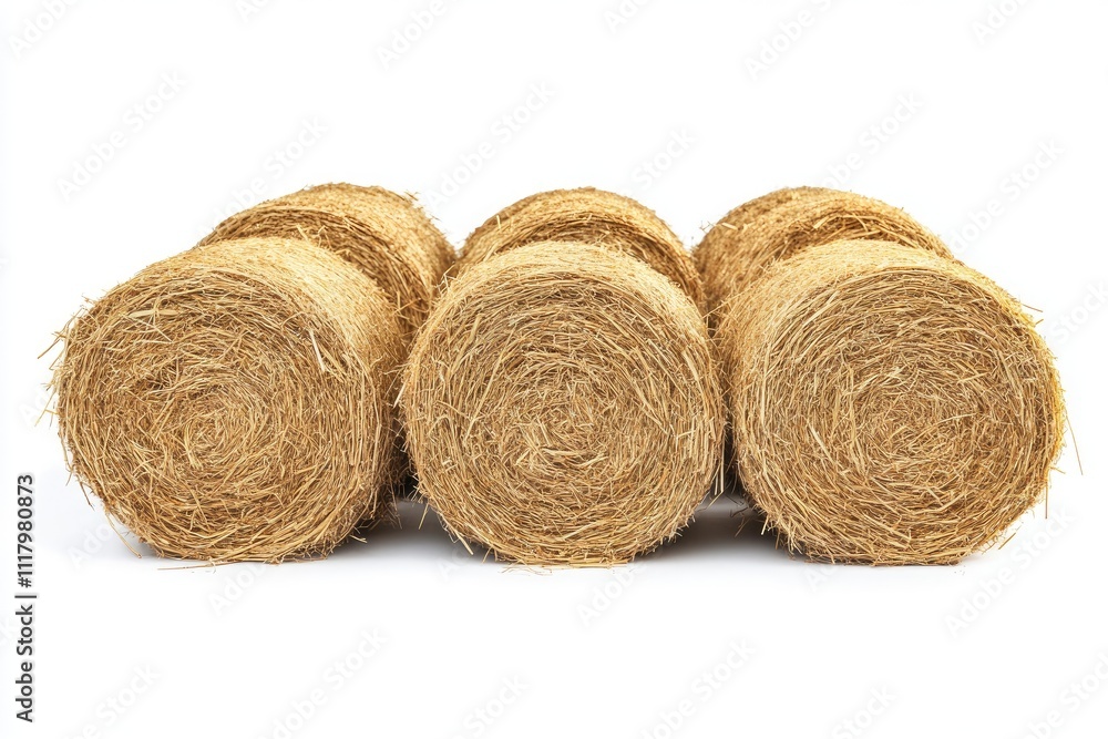 Round hay bales creating a row on white background Round hay bales creating a row on white background