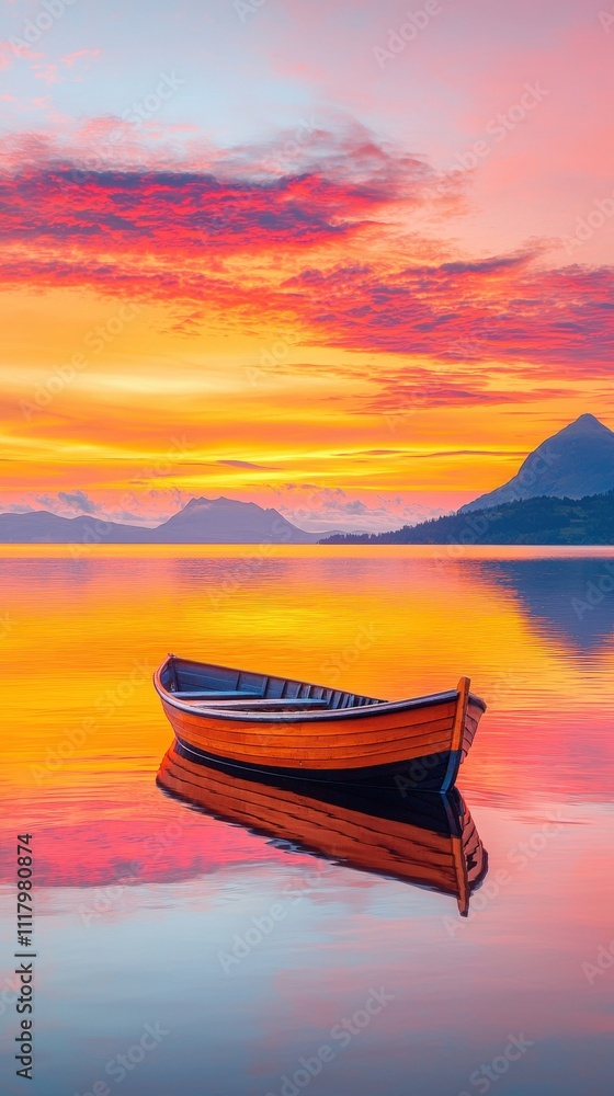 A serene sunset landscape featuring a lone wooden boat reflecting in calm waters, surrounded by mountains and vibrant skies. A serene sunset landscape featuring a lone wooden boat reflecting in calm waters, surrounded by mountains and vibrant skies.