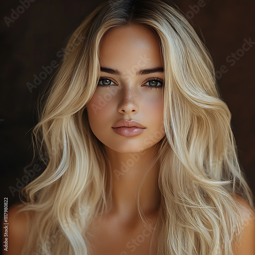 stunning blonde model with long, wavy hair and captivating green eyes, exuding confidence and beauty. Her natural look and soft features create enchanting presence