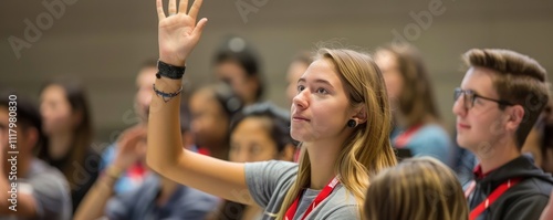 A highly engaged student raising his hand to participate in a diverse classroom, highlighting eagerness and active involvement in the learning process photo