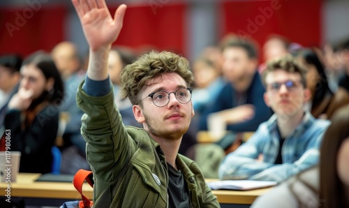 A highly engaged student raising his hand to participate in a diverse classroom, highlighting eagerness and active involvement in the learning process photo