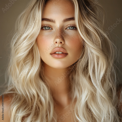 stunning blonde model with wavy hair and captivating blue eyes, exuding confidence and beauty. Her flawless skin and natural makeup enhance her striking features