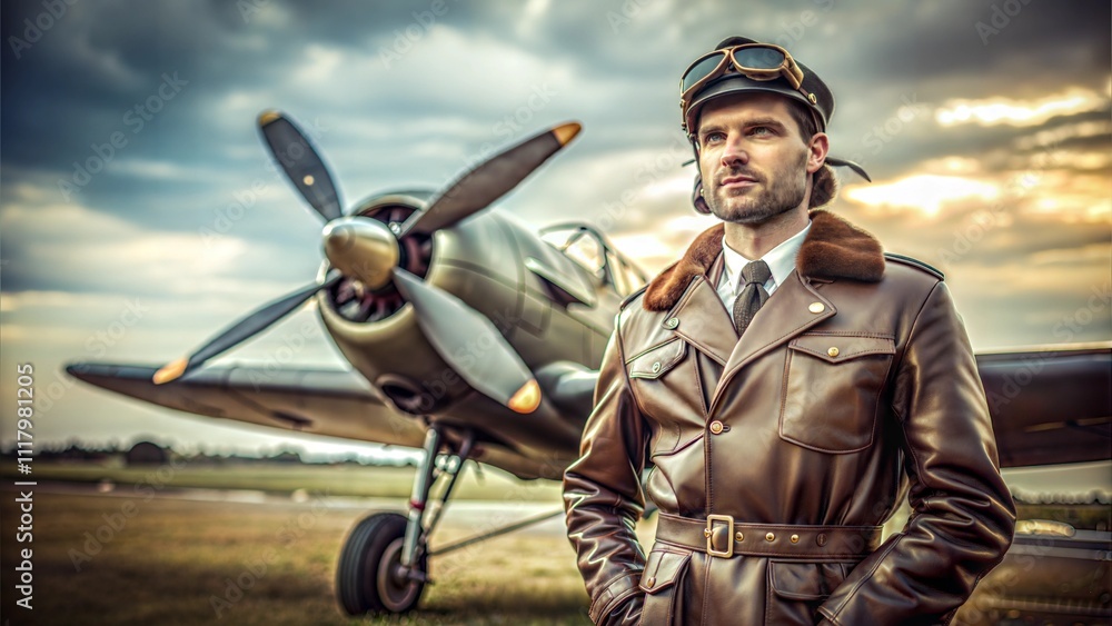 Fototapeta premium Vintage pilot stands confidently beside a classic airplane during a dramatic cloudy sunset