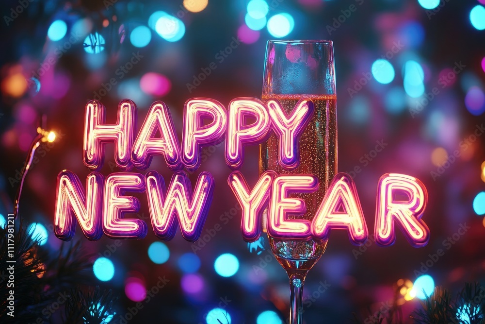 Neon happy new year sign with sparkling champagne flute and festive bokeh lights Neon happy new year sign with sparkling champagne flute and festive bokeh lights