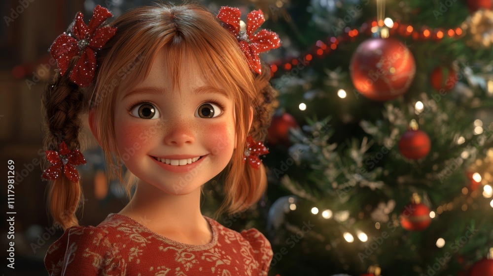A Cheerful Young Girl with Red Hair and a Festive Dress Posing in Front of a Christmas Tree A Cheerful Young Girl with Red Hair and a Festive Dress Posing in Front of a Christmas Tree
