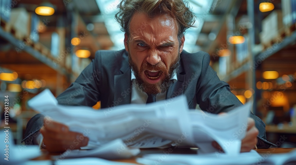 Production Manager Slamming a Report on a Desk in Frustration Production Manager Slamming a Report on a Desk in Frustration