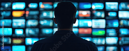 A silhouette of a person gazes at a wall of screens displaying various images, creating a vivid and immersive visual experience.