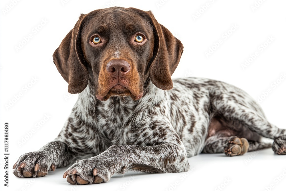 German shorthaired pointer lying on white background looking attentive German shorthaired pointer lying on white background looking attentive