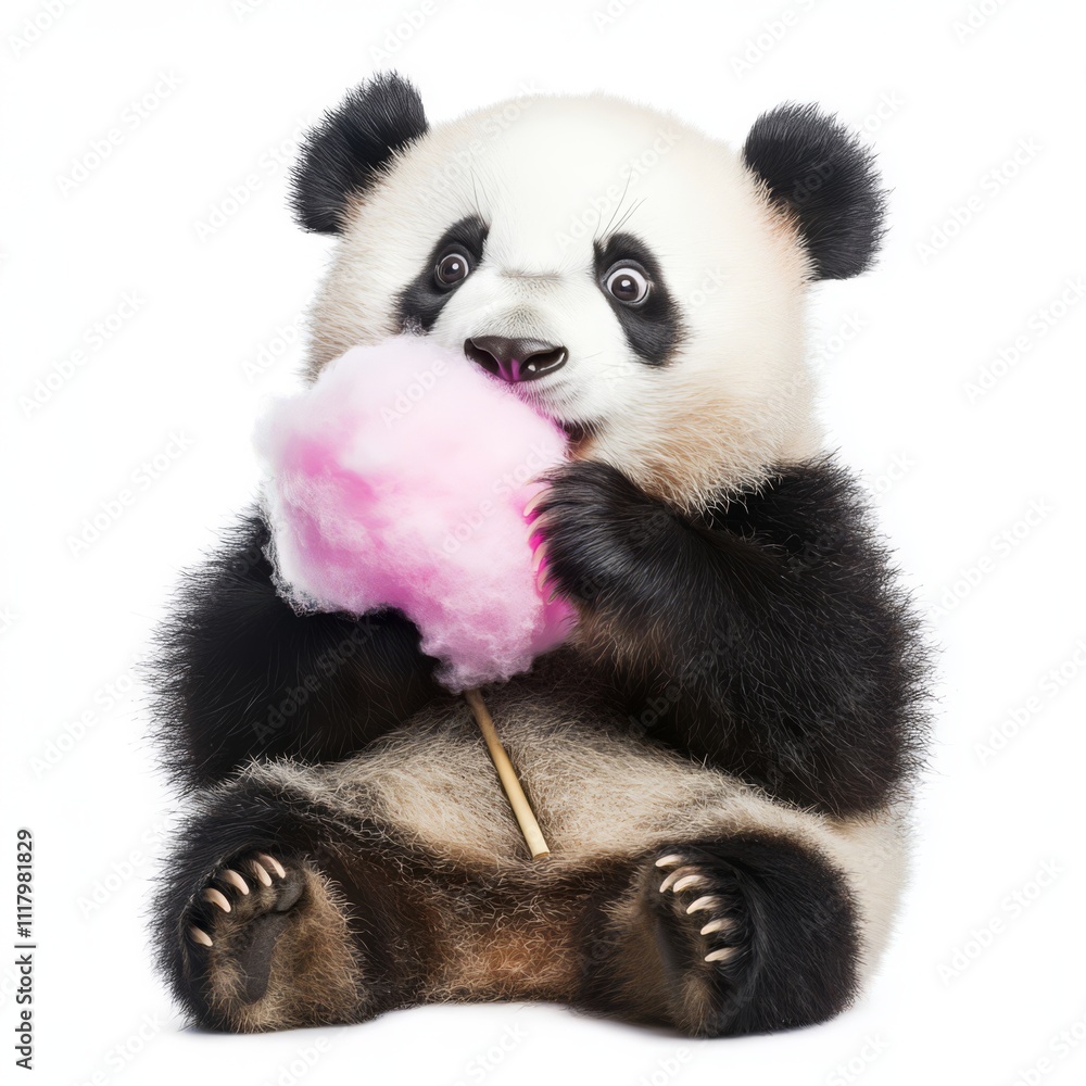 Naklejka premium Cute panda cub eating pink cotton candy.