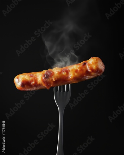 A hot dog is on a fork with smoke coming out of it. Scene is intense and dramatic