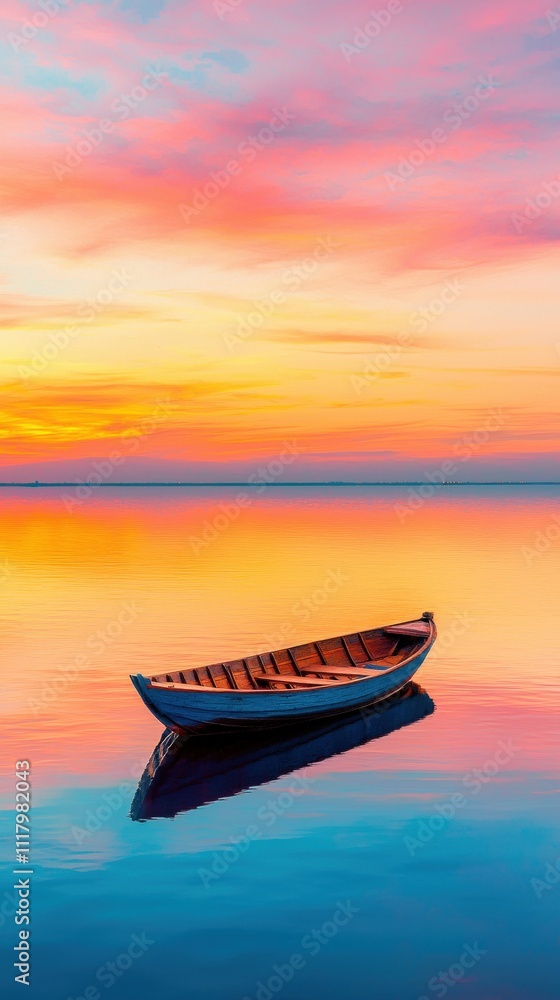 A serene sunset reflects on calm waters, featuring a solitary boat floating peacefully in a vibrant, colorful sky. A serene sunset reflects on calm waters, featuring a solitary boat floating peacefully in a vibrant, colorful sky.