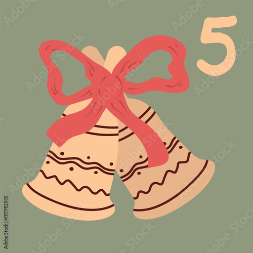 Christmas Advent calendar for December 5th, bells with a bow. A greeting card for printing.