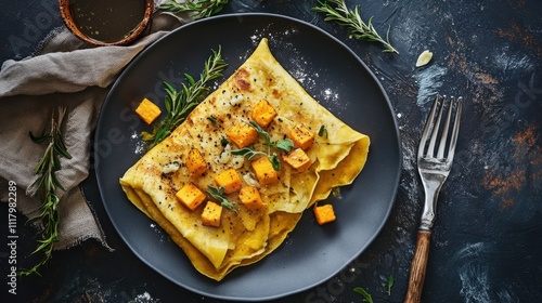 Vegan Sweet Potato Kreplach Savory pumpkin crepe on dark plate with rosemary photo