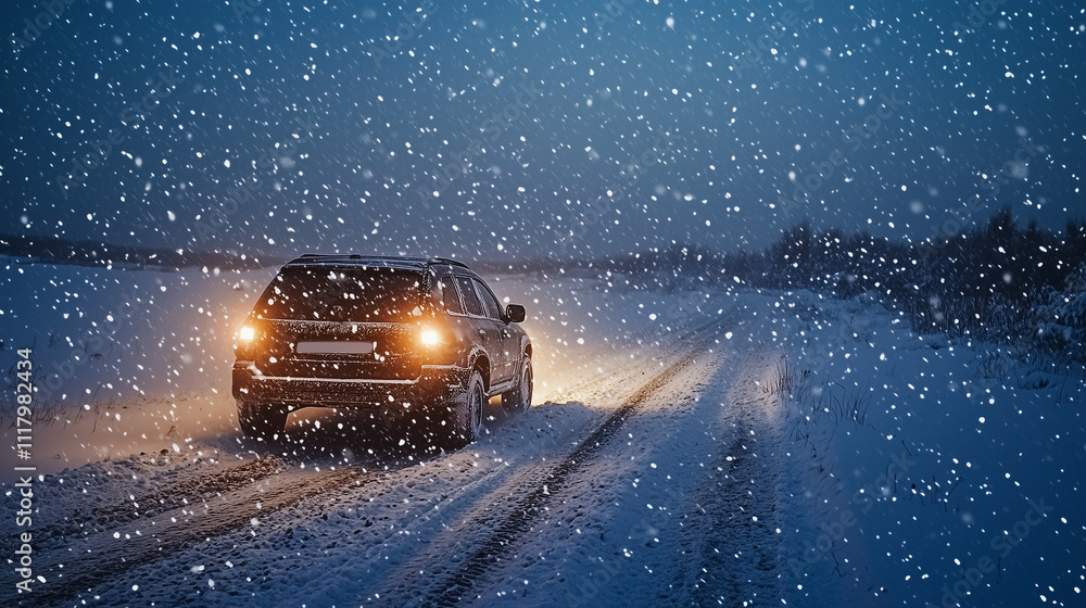 Car driving on icy road during heavy snowfall at dusk Car driving on icy road during heavy snowfall at dusk