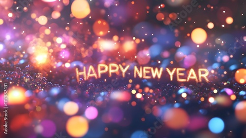 Golden Glittery 3D Words HAPPY NEW YEAR on Colorful Bokeh Lights and Sparkles Background photo