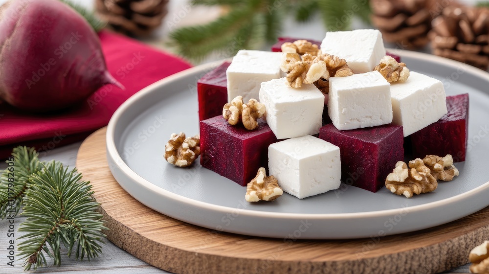 Delicious plate showcases colorful beets, creamy feta, and crunchy walnuts, set against a rustic wood background with green leaves Delicious plate showcases colorful beets, creamy feta, and crunchy walnuts, set against a rustic wood background with green leaves