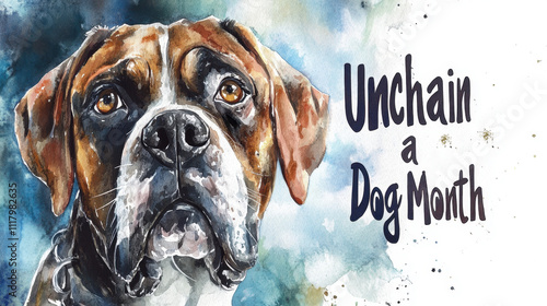 Unchain a Dog Month Unchain a dog month: watercolor painting of a sad boxer dog photo