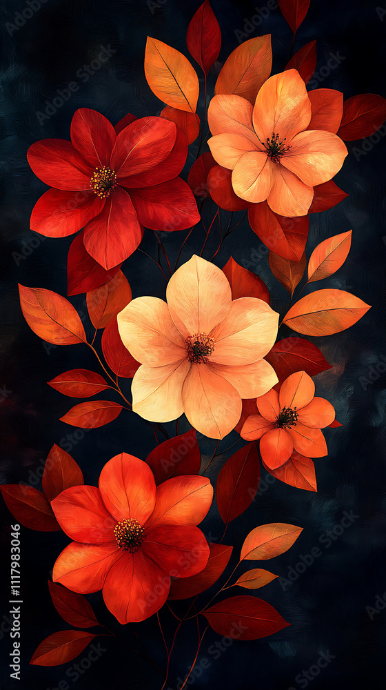 Vibrant floral arrangement featuring red and orange flowers with leaves against dark background, creating striking visual impact Vibrant floral arrangement featuring red and orange flowers with leaves against dark background, creating striking visual impact