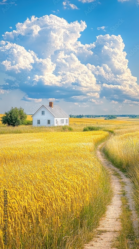 A serene countryside scene featuring a white house surrounded by golden fields and a winding dirt path under a blue sky with fluffy clouds. A serene countryside scene featuring a white house surrounded by golden fields and a winding dirt path under a blue sky with fluffy clouds.