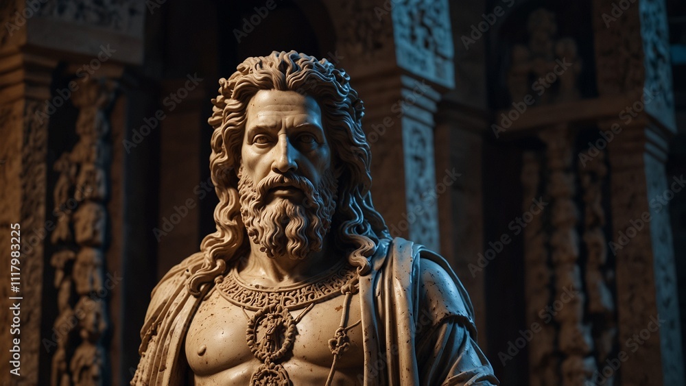 Statue of Serapis, the god of the underworld and rebirth, holding the keys to the underworld and the roots of the tree of life, with a backdrop of souls of the deceased and the light of the underworld Statue of Serapis, the god of the underworld and rebirth, holding the keys to the underworld and the roots of the tree of life, with a backdrop of souls of the deceased and the light of the underworld