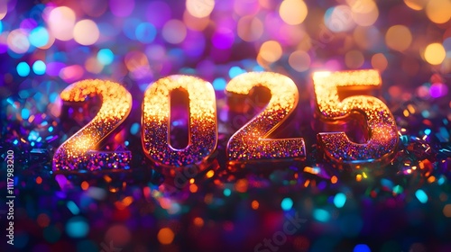 Golden Glittery 3D Number 2025 on Colorful Bokeh Lights and Sparkles Background