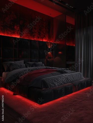 dark red midnight and black contemporary matt finish interior of pent house concept bedroom with john wick theeme, soft red lighting, cinematic in style of John wick  photo