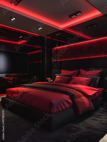 dark red midnight and black contemporary matt finish interior of pent house concept bedroom with john wick theeme, soft red lighting, cinematic in style of John wick  photo