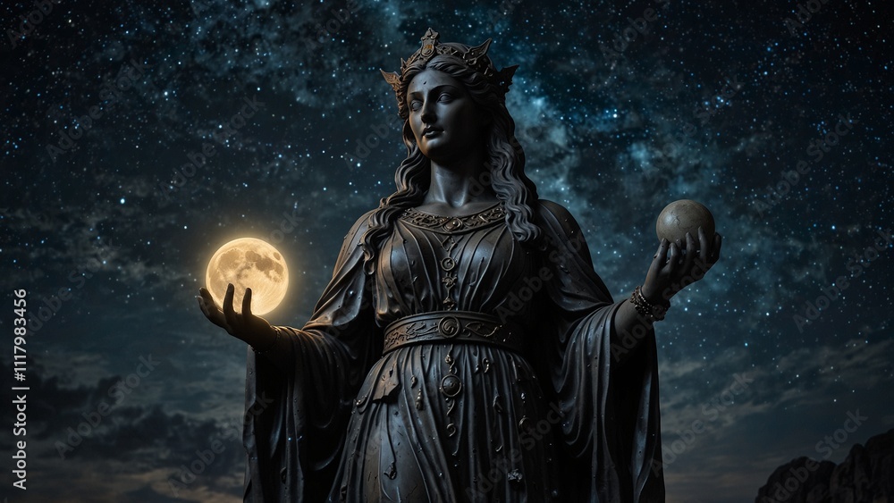 Statue of Hecate, the goddess of darkness and magic, holding a moon and ancient runes in both hands, with a backdrop of the night sky and stars, with carvings depicting her mysterious powers in darkne Statue of Hecate, the goddess of darkness and magic, holding a moon and ancient runes in both hands, with a backdrop of the night sky and stars, with carvings depicting her mysterious powers in darkne
