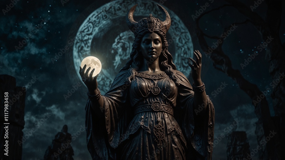 Statue of Hecate, the goddess of dark magic, holding a moon and ancient runes in both hands, with a backdrop of the dark night and mystical light, with carvings depicting her magic and power in the da Statue of Hecate, the goddess of dark magic, holding a moon and ancient runes in both hands, with a backdrop of the dark night and mystical light, with carvings depicting her magic and power in the da
