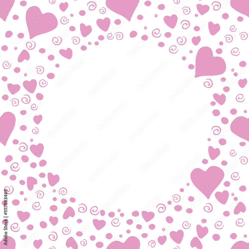 Vector frame, border from pink elements hearts points drops spirals. Simple romance background, decoration, symbol of love in flat doodle style Vector frame, border from pink elements hearts points drops spirals. Simple romance background, decoration, symbol of love in flat doodle style