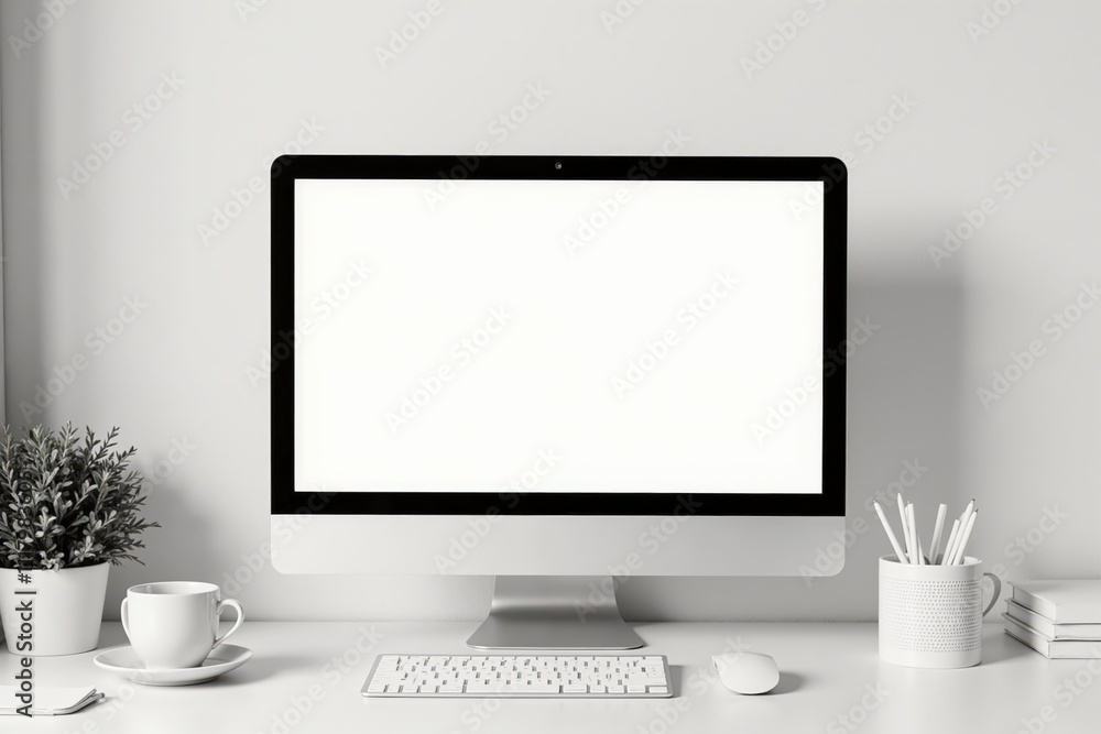 Minimalist workspace with blank computer screen and potted plant in monochrome office setting Minimalist workspace with blank computer screen and potted plant in monochrome office setting