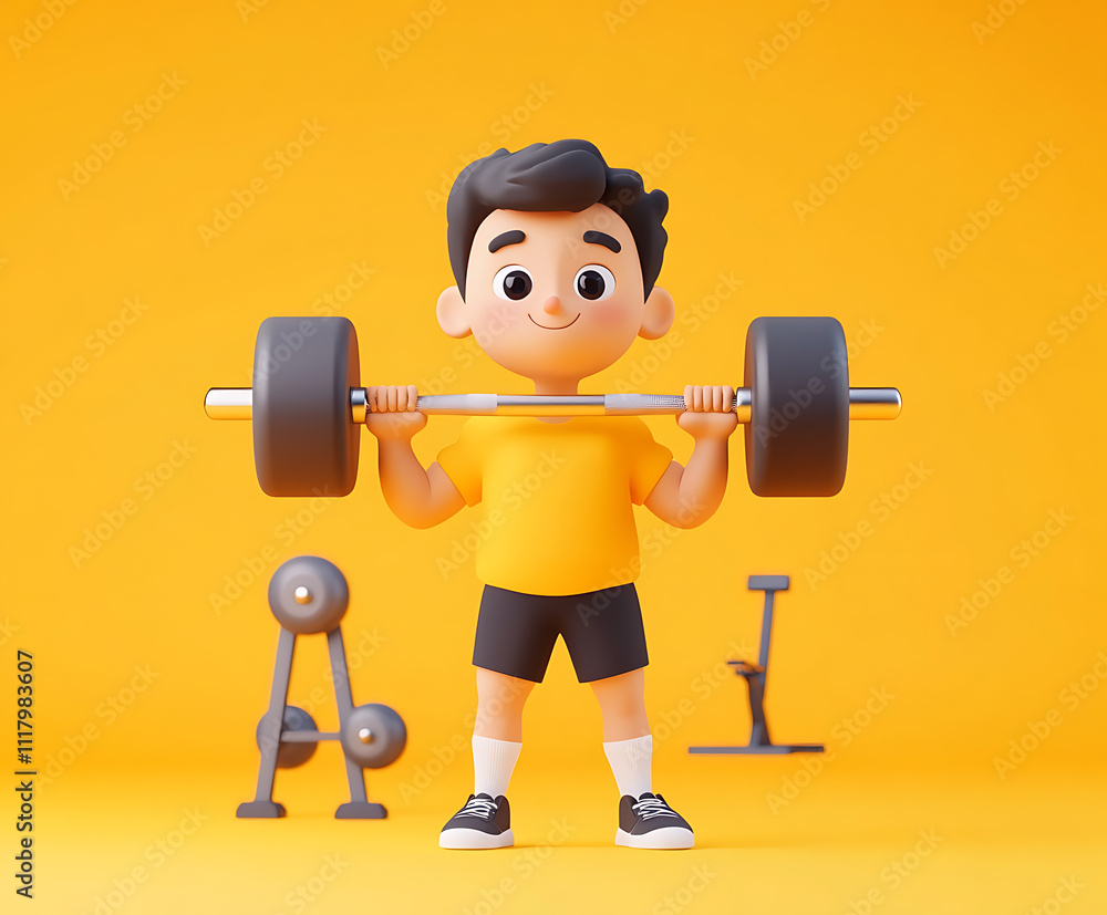 Cute Cartoon Boy Weightlifting: 3D Render of Child Exercising with Barbell, Promoting Healthy Lifestyle and Fitness for Kids Cute Cartoon Boy Weightlifting: 3D Render of Child Exercising with Barbell, Promoting Healthy Lifestyle and Fitness for Kids