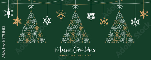 christmas greeting card with hanging snowflake fir tree decoration vector illustration