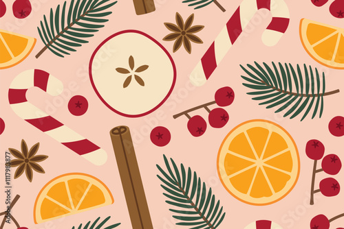 holiday, winter, christmas seamless pattern with candy canes, orange and apple slices, cinnamon roll, cranberries, fir branches and clove - vector illustration
