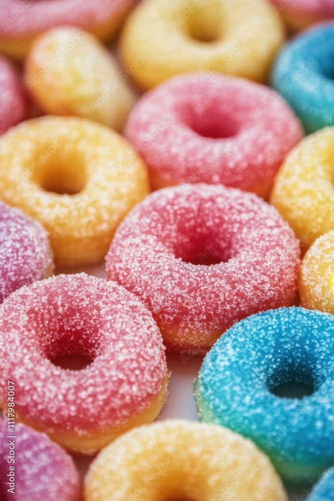 Jelly Doughnuts Colorful sugary donuts in bright pastel shades displayed close-up Jelly Doughnuts Colorful sugary donuts in bright pastel shades displayed close-up