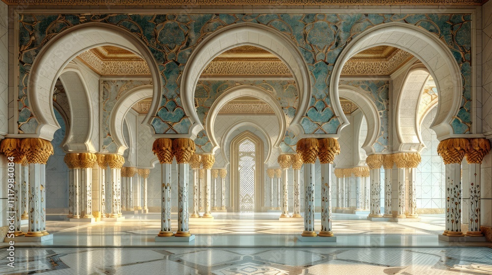 Sunlit grand hall with ornate arches, columns, and mosaic tile floor. Sunlit grand hall with ornate arches, columns, and mosaic tile floor.