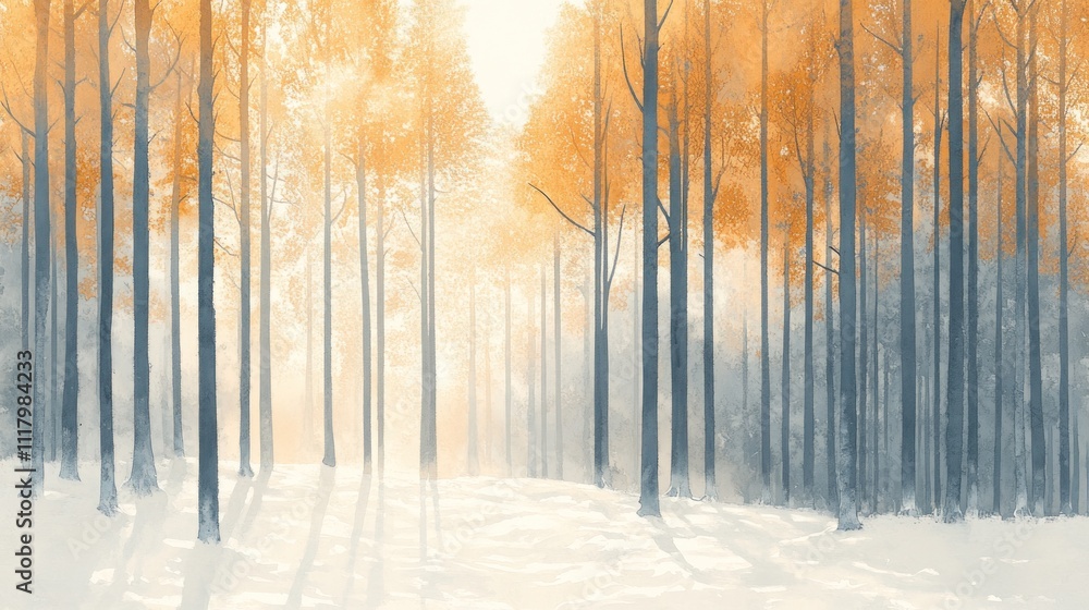 Obraz premium A serene winter forest scene with tall trees and golden foliage.