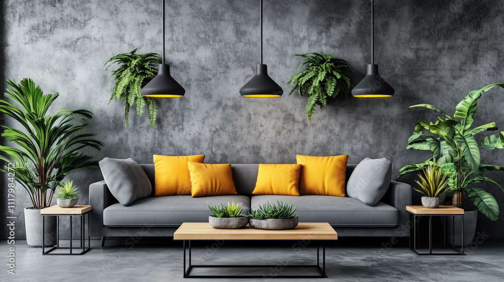 Modern living room with gray sofa, yellow cushions, and lush green plants
Modern living room with gray sofa, yellow cushions, and lush green plants
