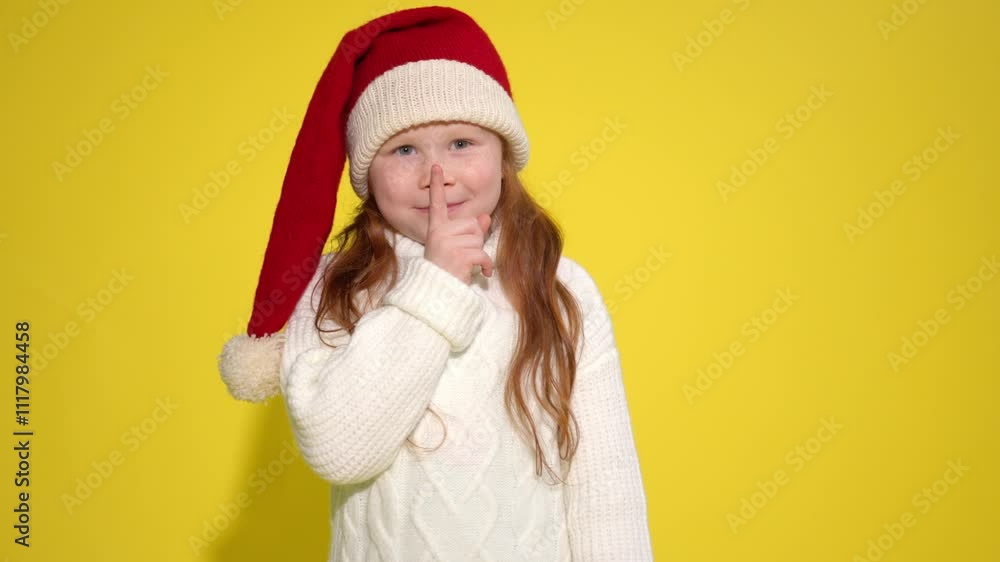 Child in festive attire making a shushing gesture against a bright yellow background Child in festive attire making a shushing gesture against a bright yellow background