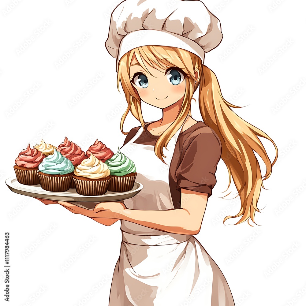 Anime Girl in Chef Outfit Holding Spatula on White Background Anime Girl in Chef Outfit Holding Spatula on White Background