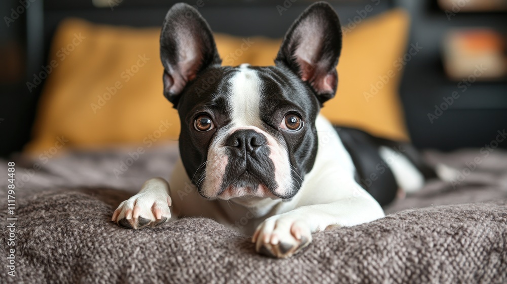 National Train Your Dog Month French bulldog lying on bed with yellow pillow in background National Train Your Dog Month French bulldog lying on bed with yellow pillow in background