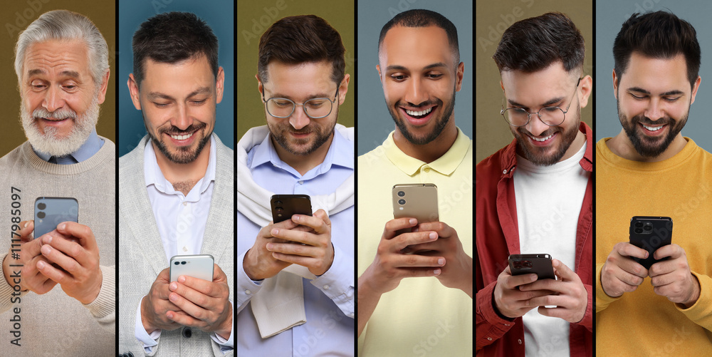 Fototapeta premium Men using mobile phones on different colors backgrounds. Collage of portraits
