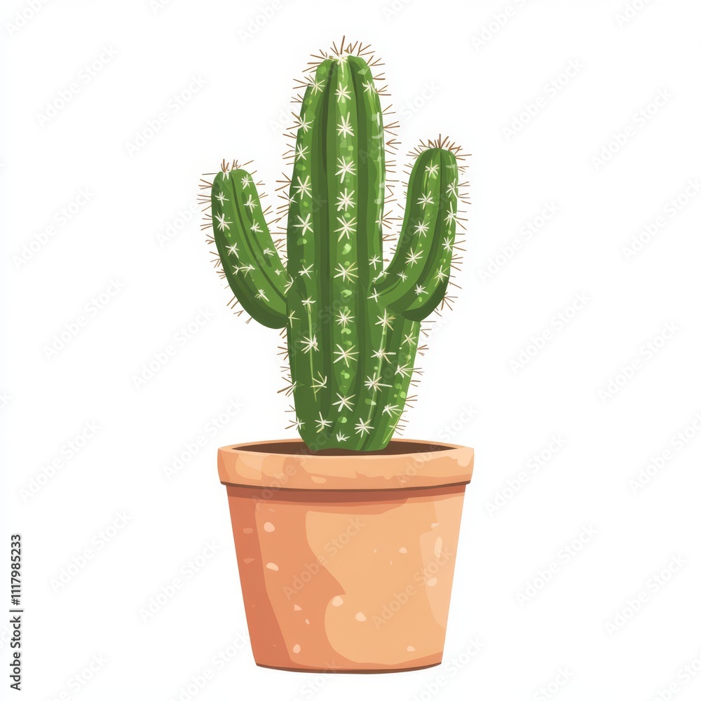 Green cactus in a terracotta pot on white background. Green cactus in a terracotta pot on white background.
