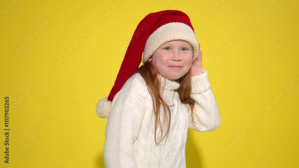 Young girl in cozy sweater and festive hat smiles against bright yellow background Young girl in cozy sweater and festive hat smiles against bright yellow background